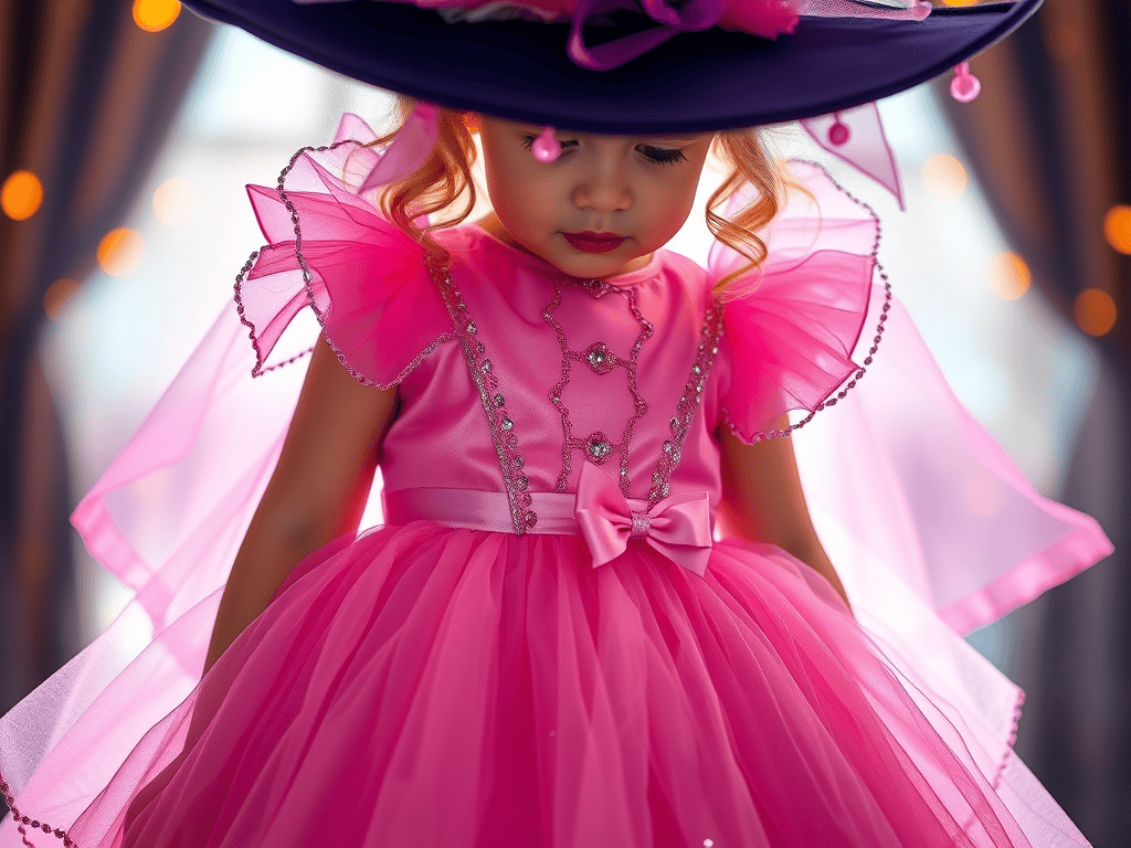 Child dressed as Glinda the Good Witch in pink no-sew costume.