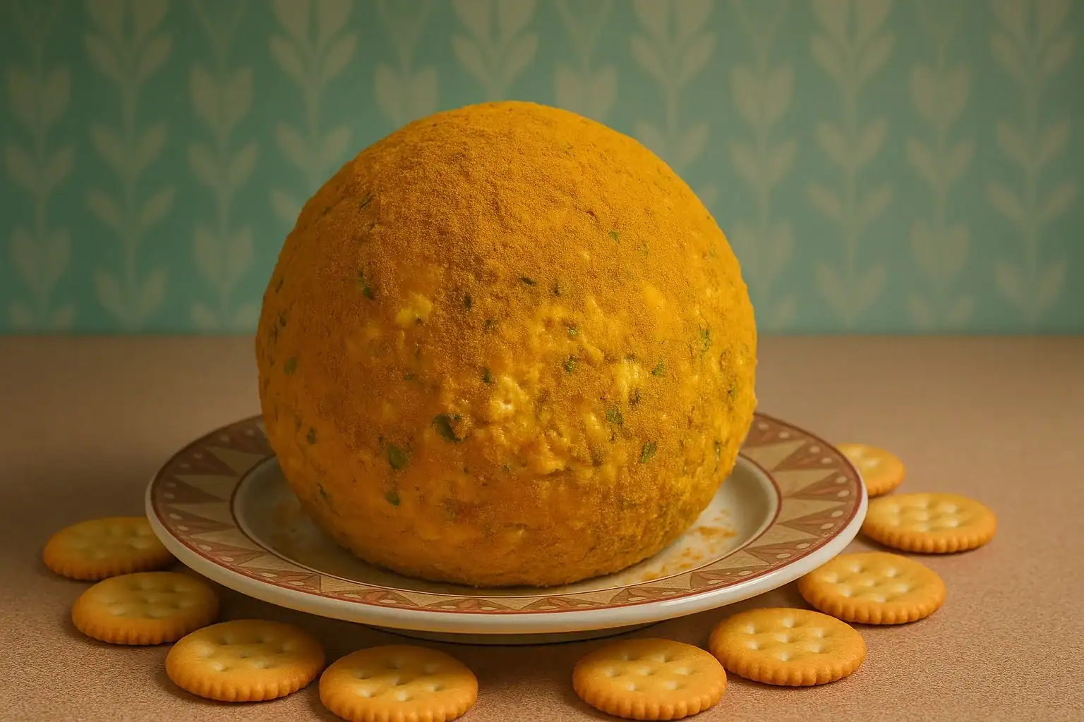 Bright yellow curry ball surrounded by round crackers on a decorative plate.