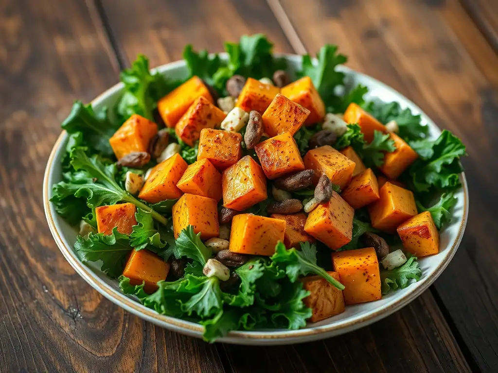 Delicious roasted sweet potato cubes with fresh kale and sunflower seeds in a vibrant salad. Perfect.