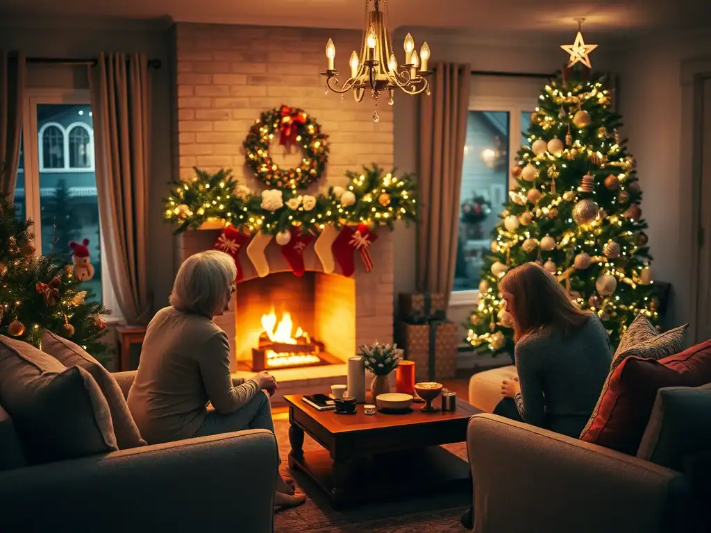 Cozy Christmas scene with two women sitting by the fireplace and decorated tree, celebrating the hol.