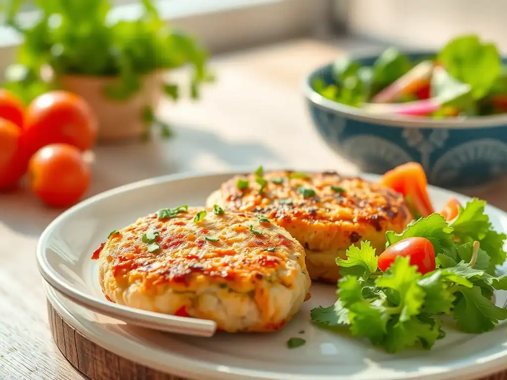 Healthy salmon patties with fresh herbs and vegetables.