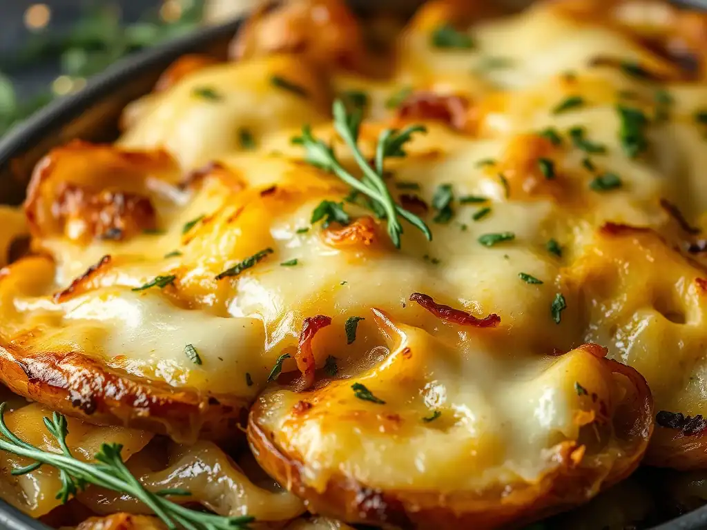 French Onion Potato Bake with melted cheese and herbs.