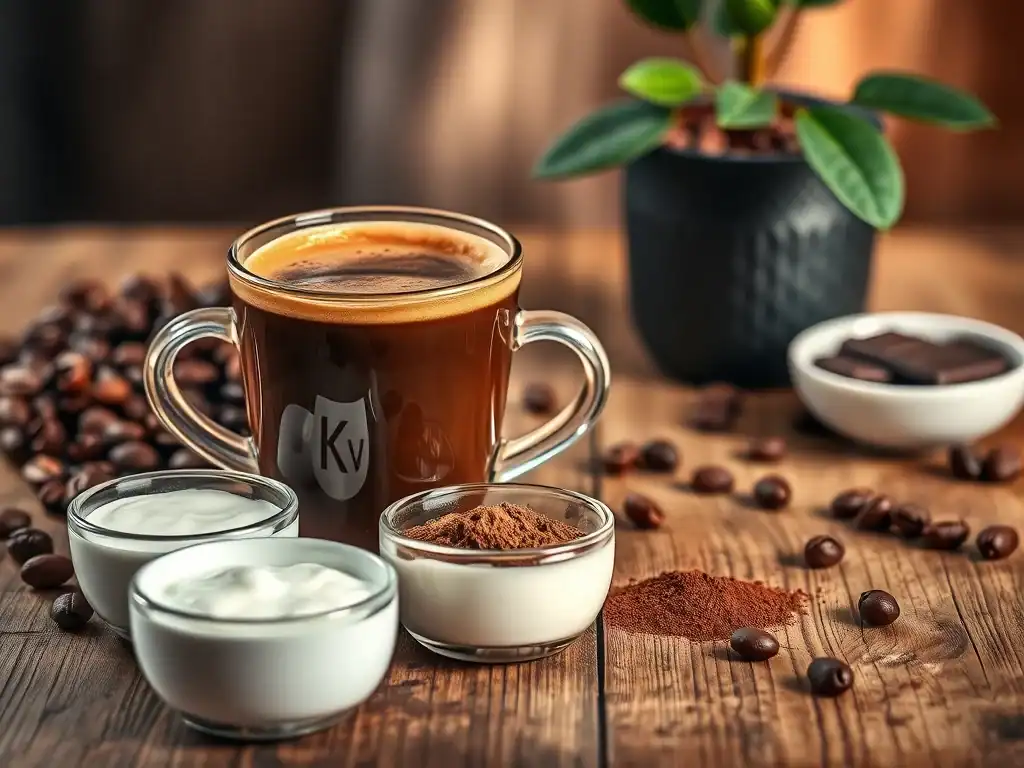Rich brewed coffee in a glass cup with coffee powder and milk on a wooden table.
