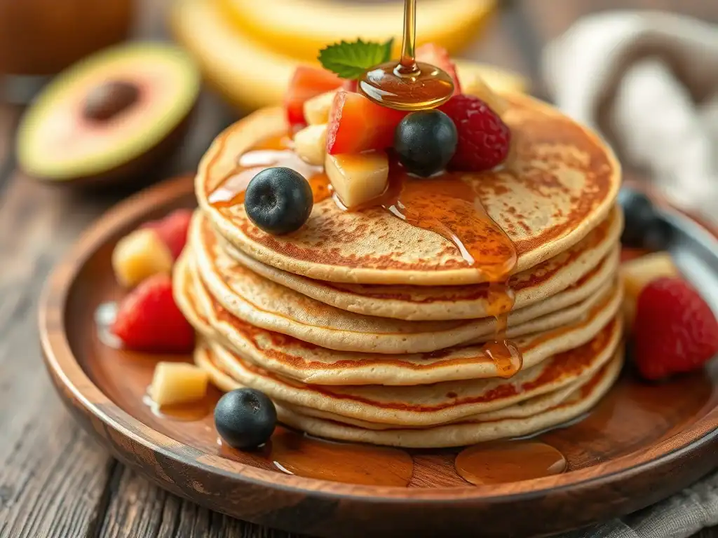 Healthy quinoa pancakes topped with mixed berries and honey drizzle.