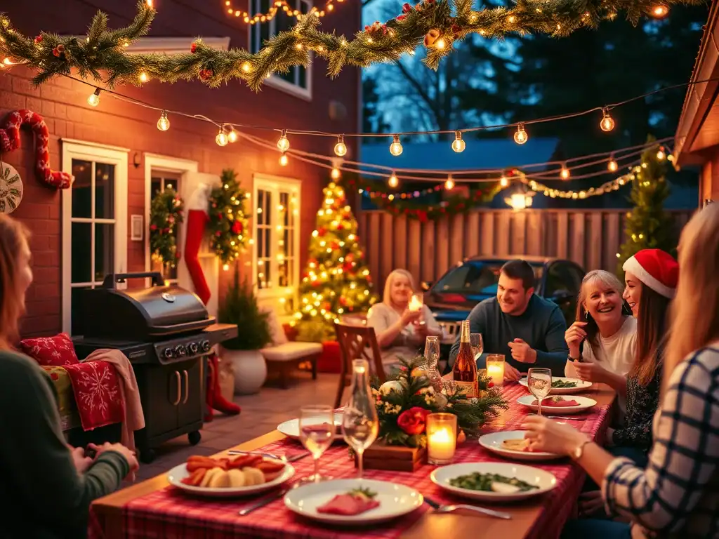 Christmas outdoor dinner with family and friends under string lights.