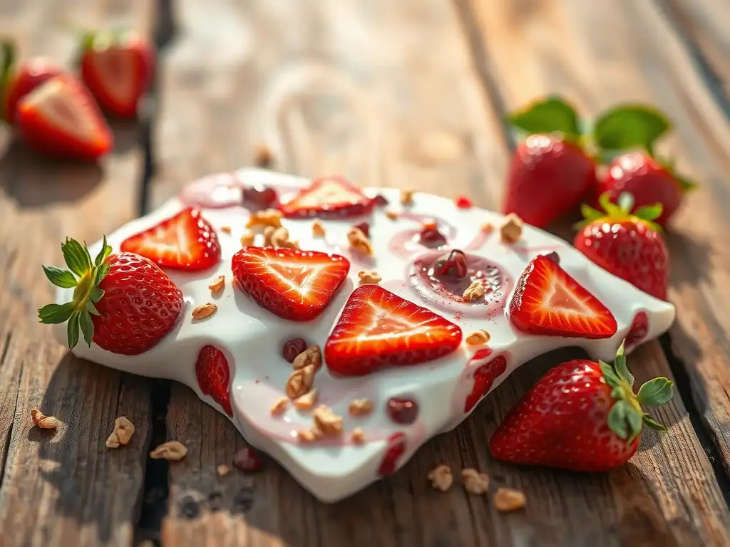 Fresh strawberry yoghurt bark with sliced strawberries and granola on a rustic wooden surface.