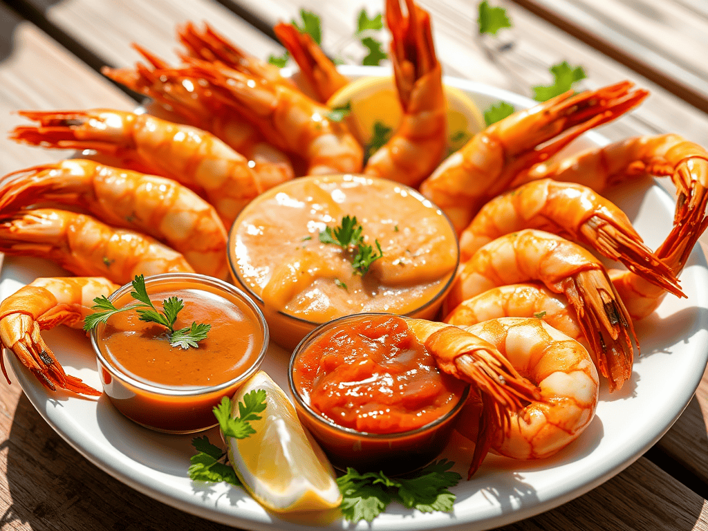 Fresh prawns with three dipping sauces and lemon wedges on a white plate.