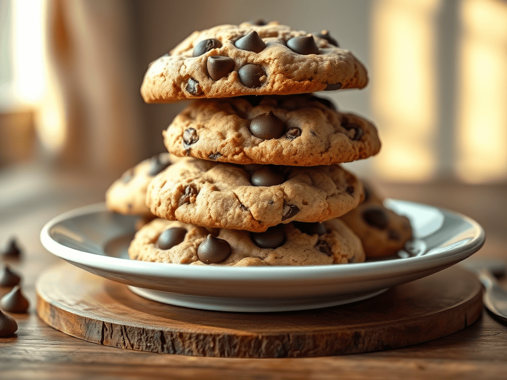 Delicious gluten-free choc chip cookies stacked on a plate, perfect for a sweet treat.