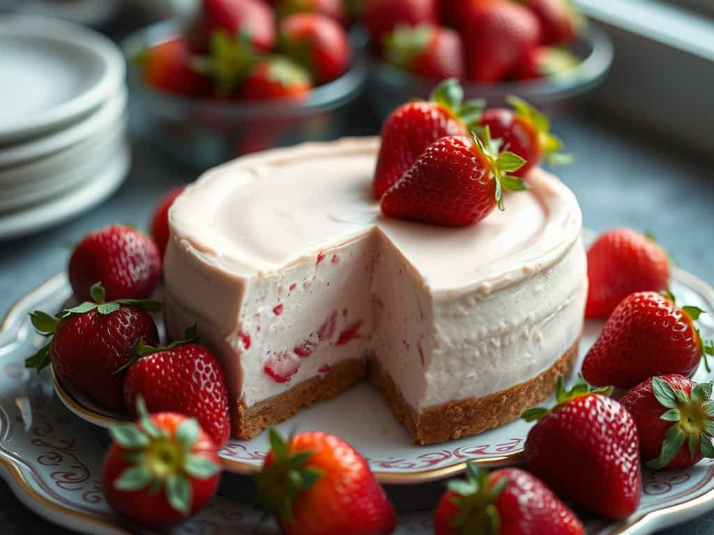 Delicious no-bake strawberry cheesecake with fresh strawberries on top. Perfect for easy summer dess.