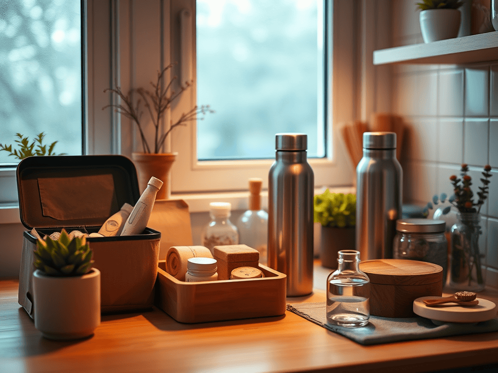 Eco-friendly kitchen items like reusable bottles and containers on a wooden countertop.