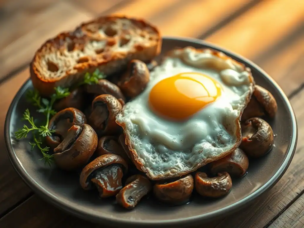 Egg and mushroom breakfast on a plate with toasted bread and fresh herbs.