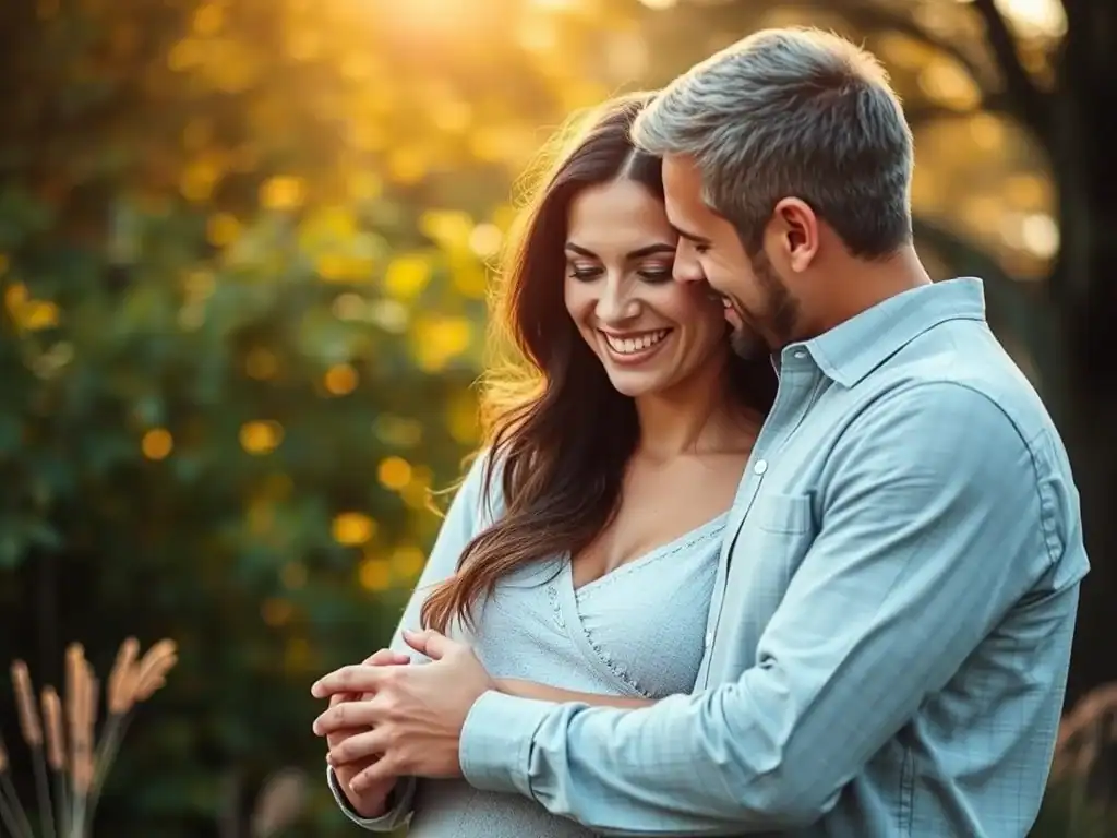 Happy couple embracing in nature, promoting natural ways to boost fertility and family planning.
