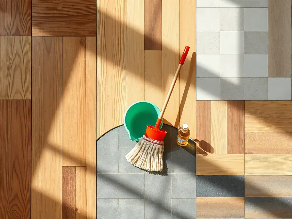 Mop and cleaning supplies on wooden and tiled floor.