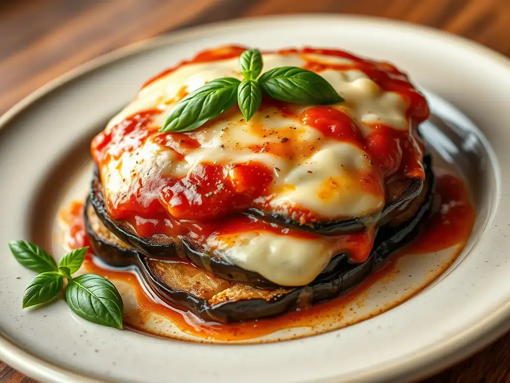 Eggplant Parmigiana with melted cheese, fresh basil, and rich tomato sauce on a white plate.