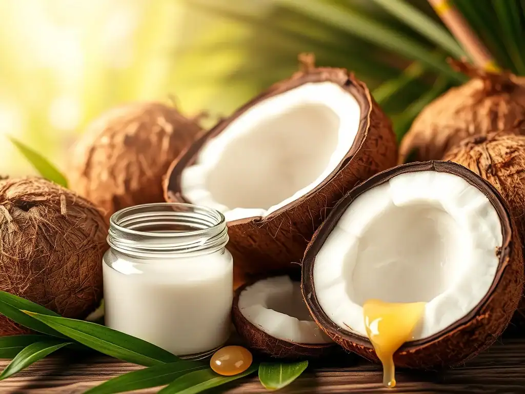 Fresh coconuts and jar of coconut oil highlighting natural skincare benefits.