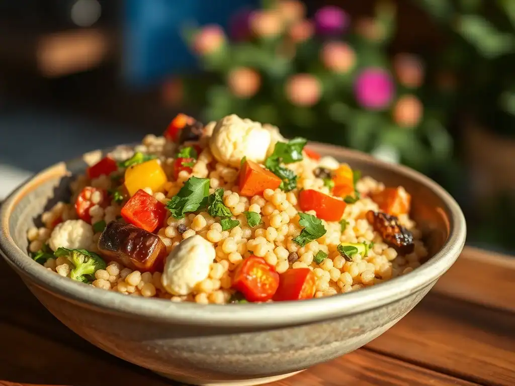 Vegetarian Israeli couscous salad with roasted vegetables and fresh herbs. Perfect for healthy, easy.