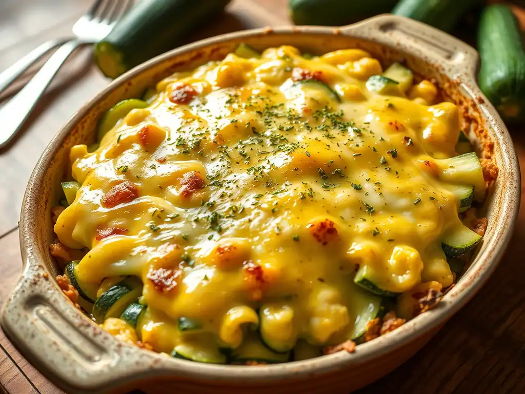 Cheese zucchini casserole with melted cheese, fresh zucchini, and herbs, perfect for a comforting fa.