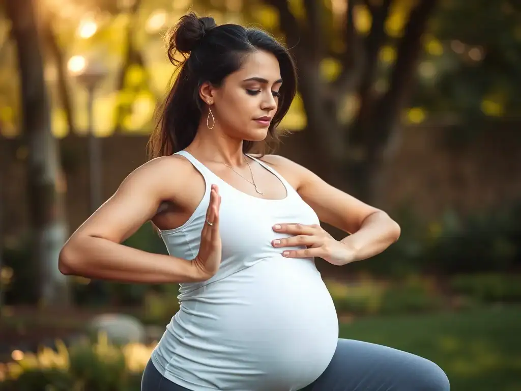 Pregnant woman practicing safe exercise outdoors during pregnancy.