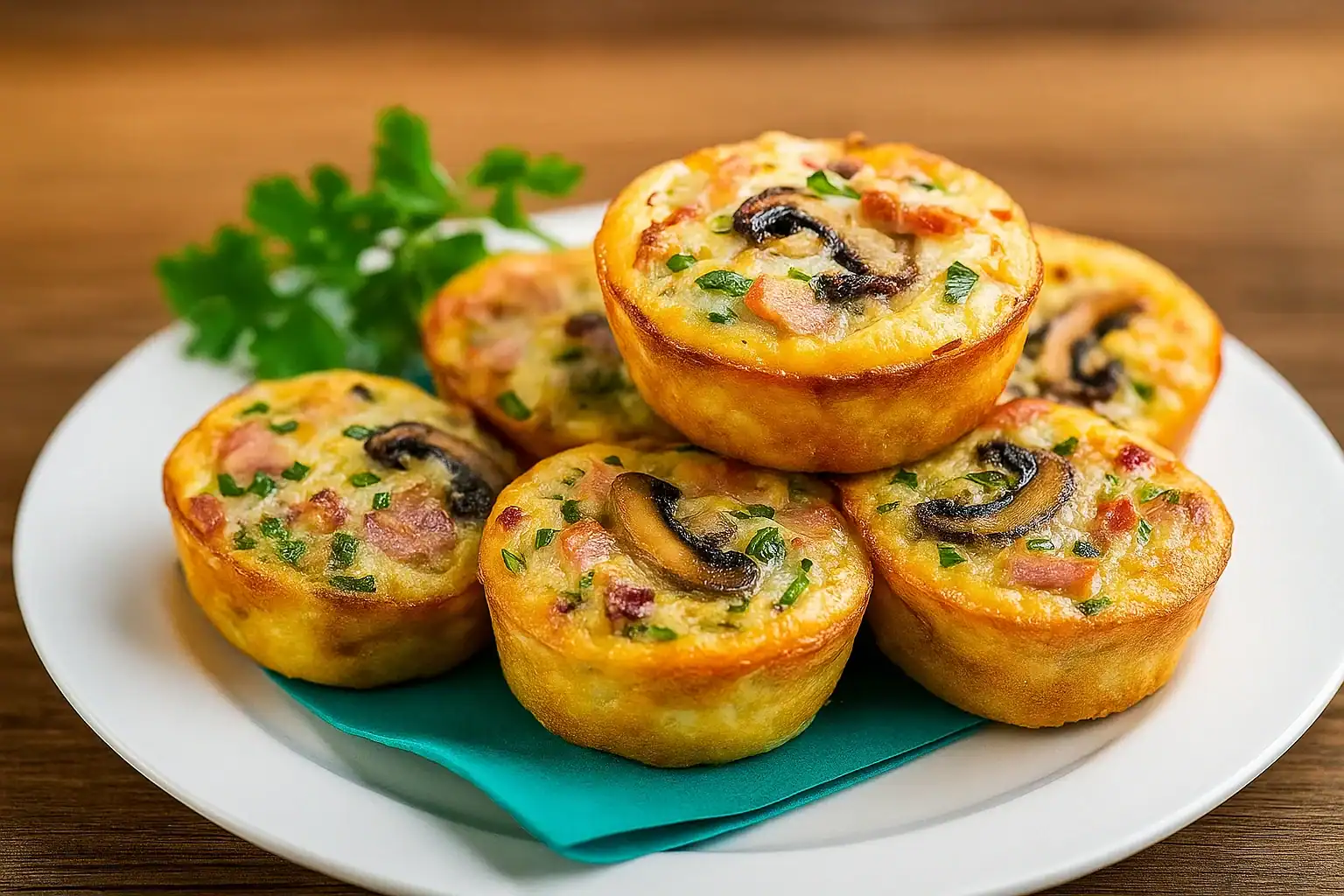 Delicious mushroom and bacon mini quiches on a white plate, perfect for breakfast or snacks.