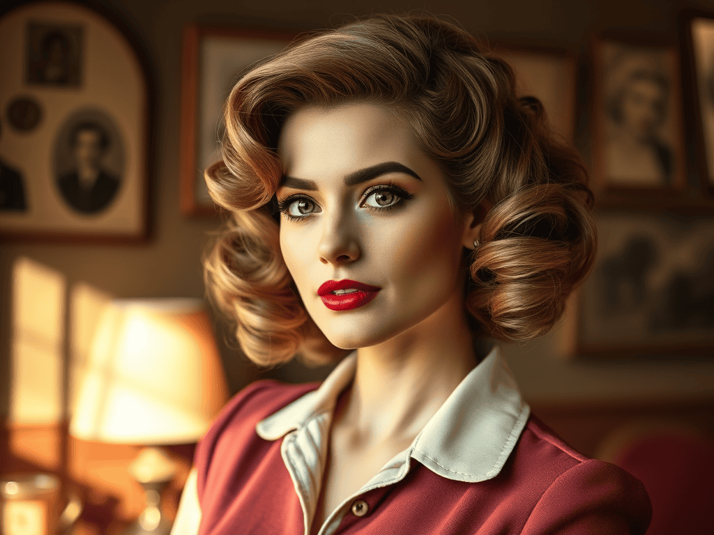 Woman with vintage-inspired, curled retro hairstyle in a cozy, stylish room.
