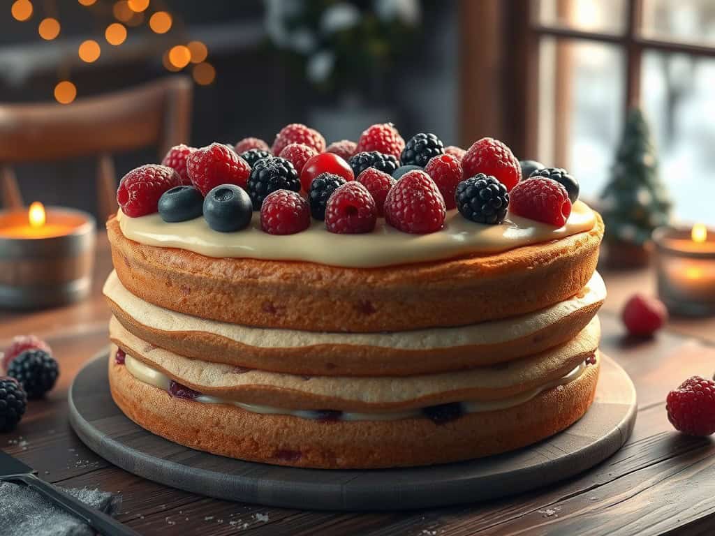 Berry custard cake with fresh mixed berries and creamy filling.