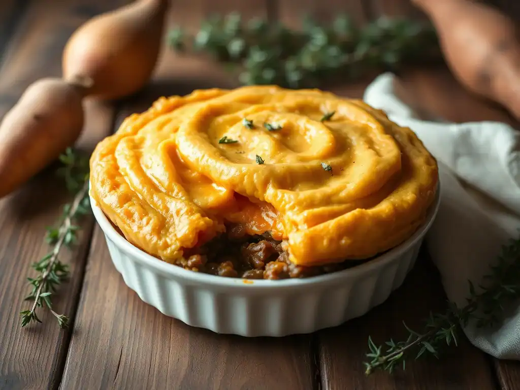 Delicious cottage pie topped with creamy sweet potato mash, perfect for a comforting family dinner.