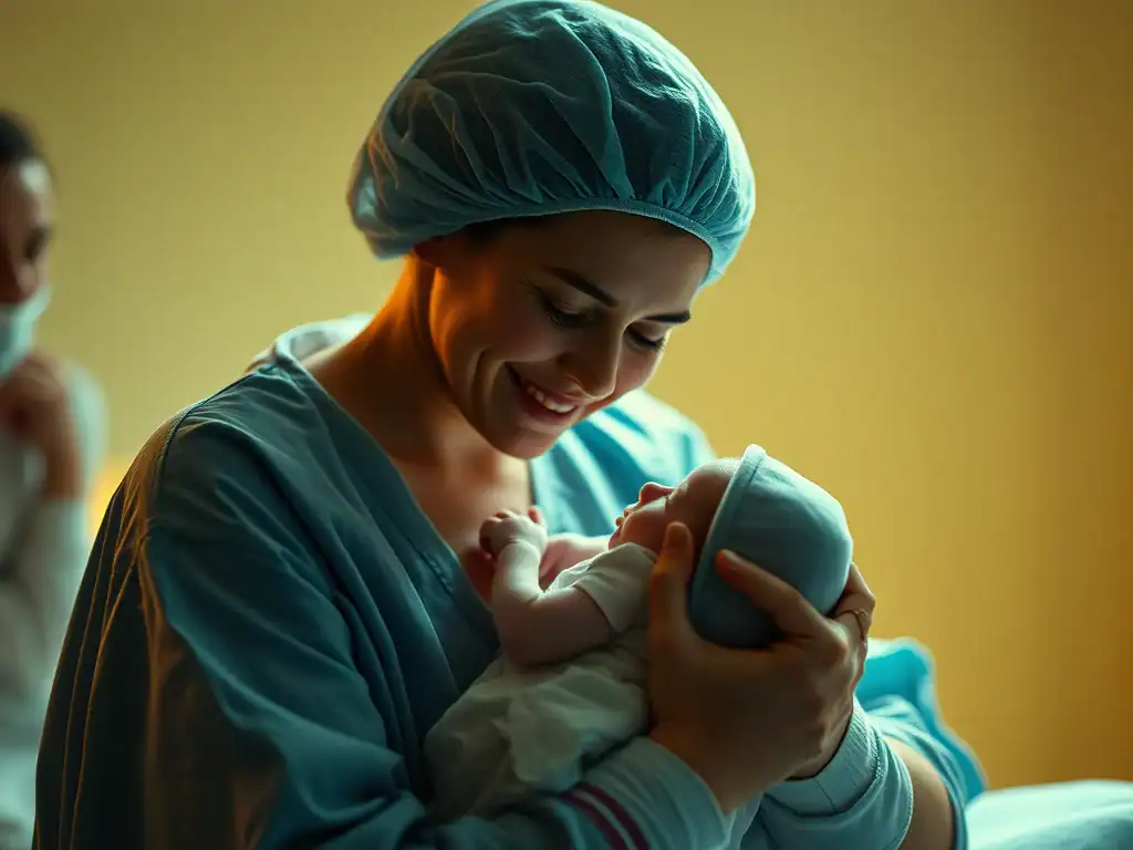 Newborn baby held by a smiling mother in hospital.