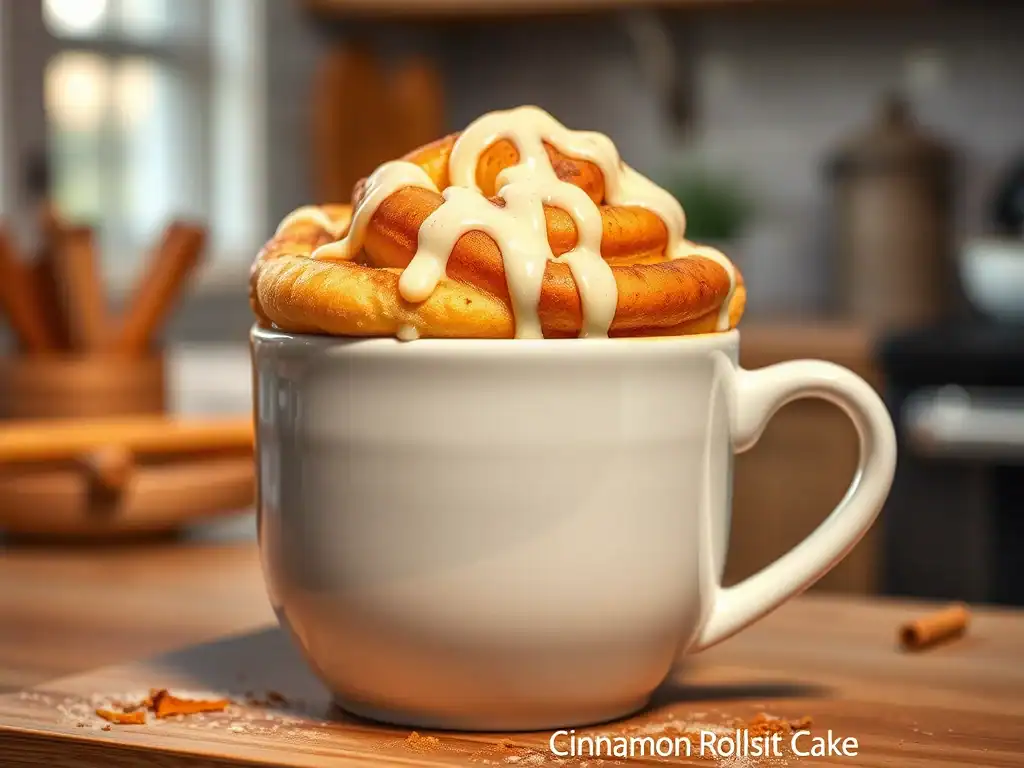 Cinnamon Roll Mug Cake with icing in a white mug, quick dessert.