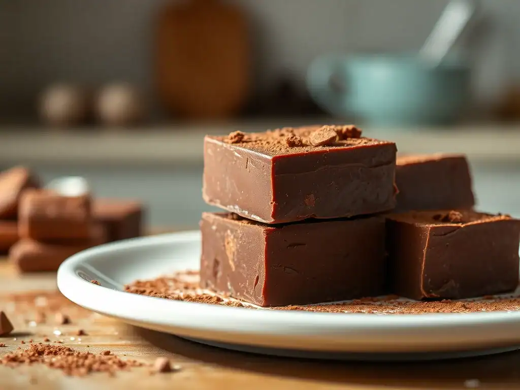 Delicious homemade chocolate fudge squares on a white plate, perfect for quick and easy dessert reci.