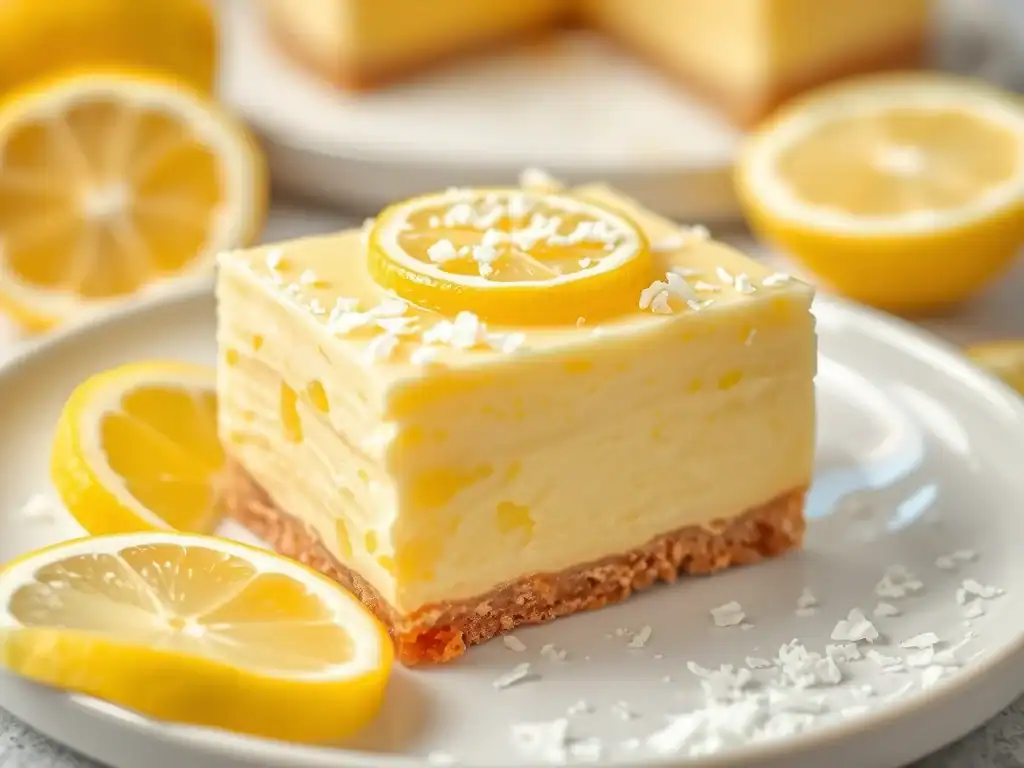 No-bake lemon slice with creamy filling and lemon slices on top.