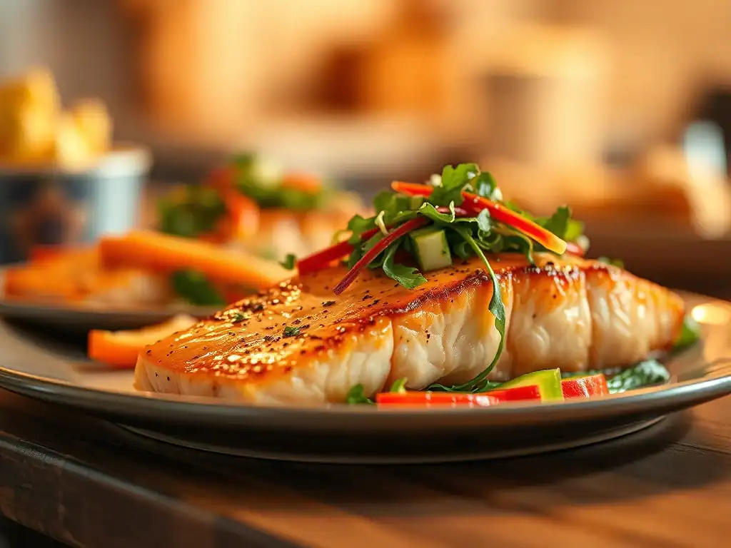 Delicious baked Asian salmon topped with fresh herbs and vegetables. Perfect for a healthy, flavorfu.