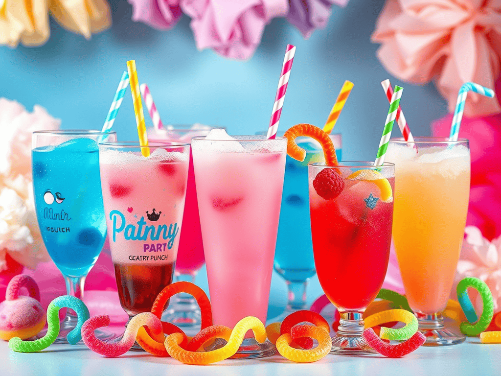 Vibrant kid-friendly punch recipes with fun straws and decorations for children's parties.