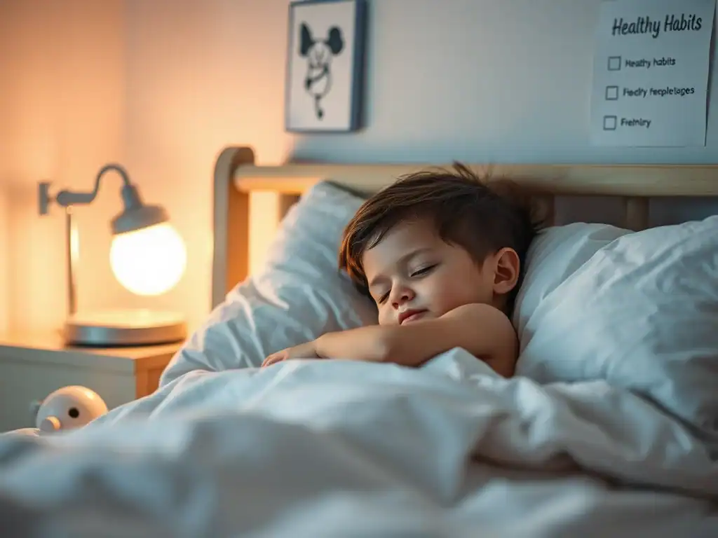 Children sleeping peacefully in bed at night, highlighting the importance of good sleep habits for h.