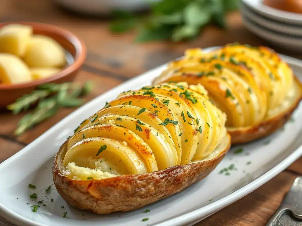 Delicious baked potato halves topped with cheese and herbs, served on a white platter.