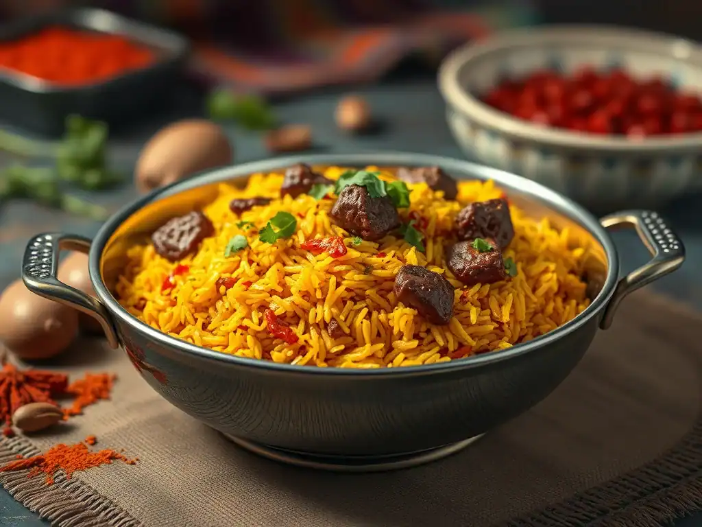 Delicious Indian rice pilaf topped with tender spiced beef chunks, perfect for a flavorful family me.