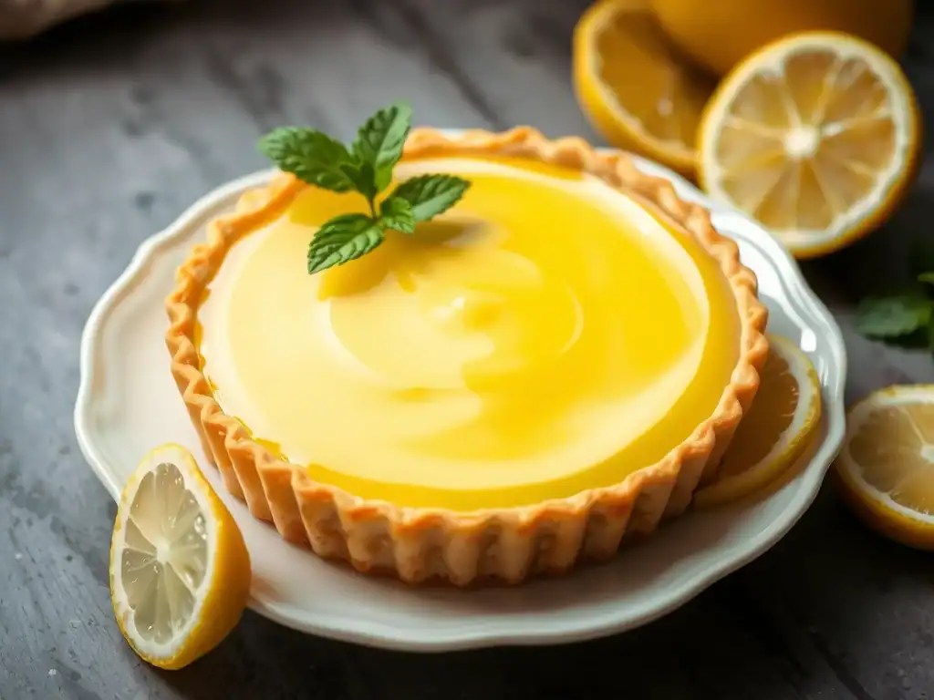 Lemon tart with crisp shortcrust pastry and fresh lemon slices, garnished with mint leaves. Perfect.