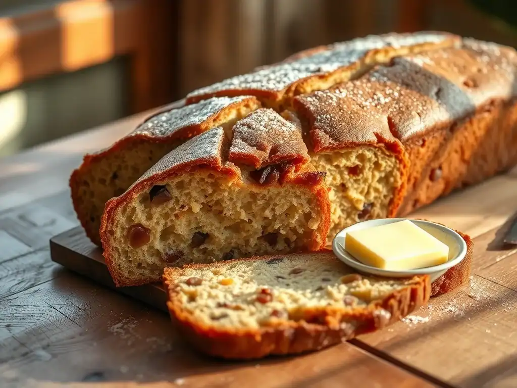 Healthy low-fat date loaf with nuts and a dusting of powdered sugar. Perfect for a nutritious snack.