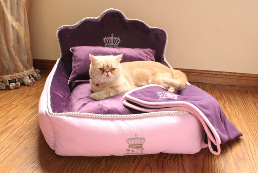 Elegant purple cat bed with soft cushioning and royal crown embroidery.