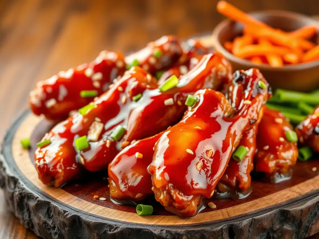 Delicious glazed sweet and sour chicken wings with vibrant sauce and garnishes. Perfect for family d.