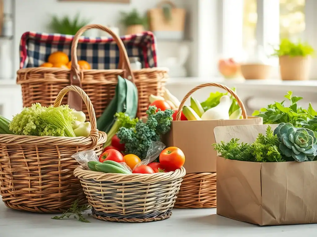 Recyclable baskets filled with fresh vegetables and fruits for sustainable shopping.