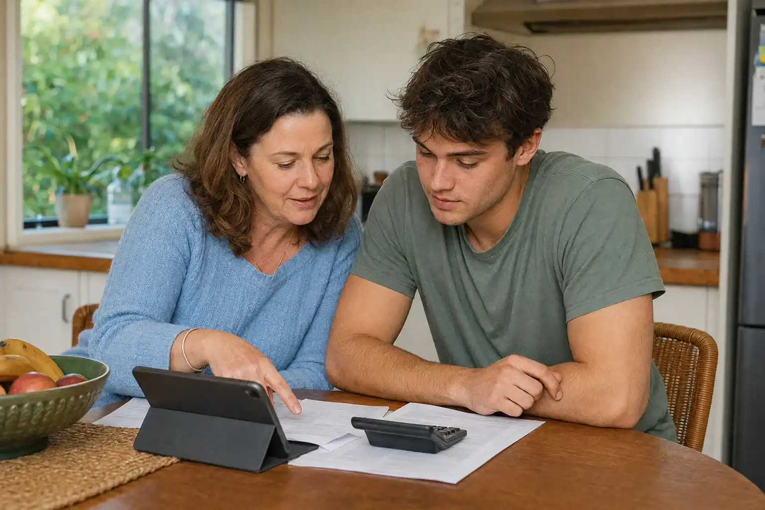 Two people sit at a kitchen table reviewing papers with a tablet propped up nearby and a calculator on the table