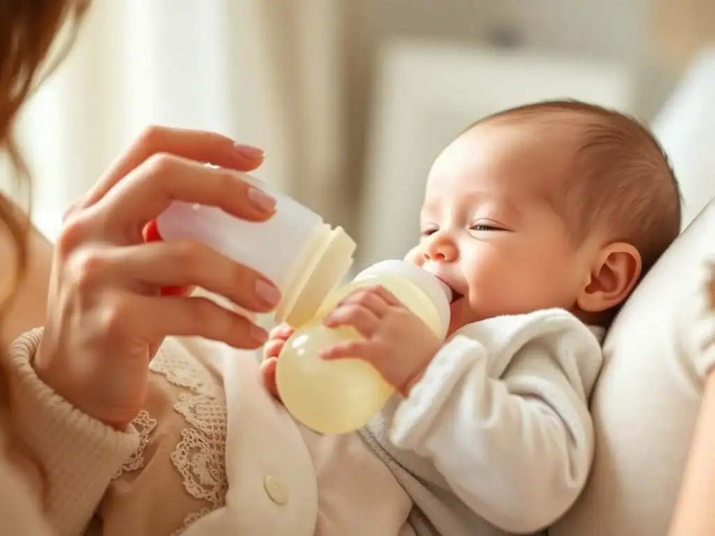 Baby being fed with a bottle for breastfeeding support.