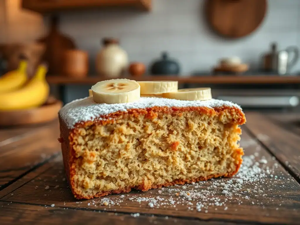 Banana cake with sliced bananas on top, dusted with powdered sugar, on a rustic wooden surface.