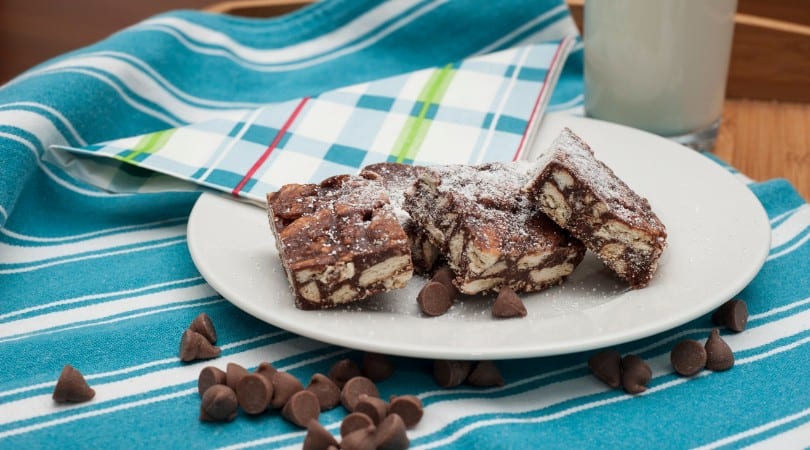 Delicious chocolate hedgehog slice with biscuit and chocolate chunks.
