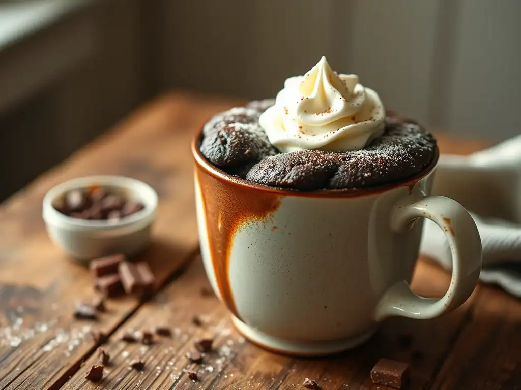 Chocolate mug cake with whipped cream in a mug.