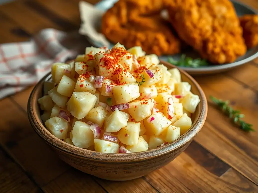 Potato salad with red onion, mayonnaise, and paprika, served in a wooden bowl. Perfect for American-.