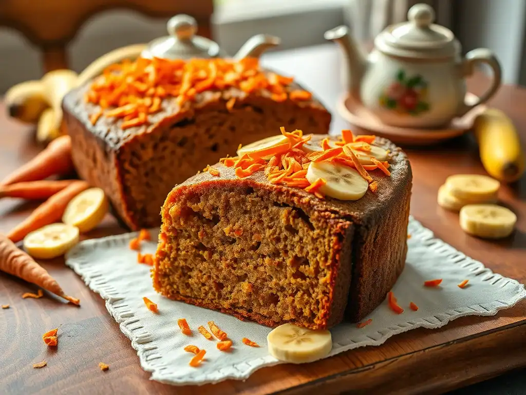 Delicious homemade carrot and banana cake topped with shredded carrots and banana slices. Perfect fo.