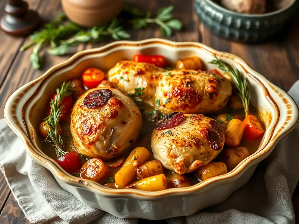 French Chicken Casserole with tender chicken, vegetables, and herbs in a savory sauce.