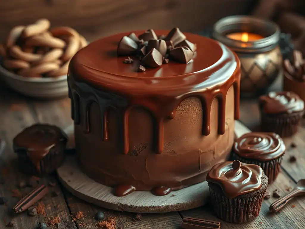 Chocolate cake with smooth chocolate icing and decorative chocolate pieces on top.