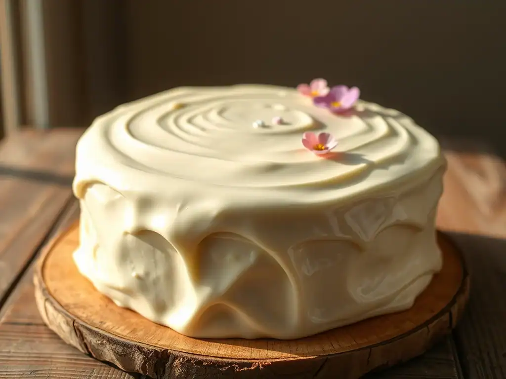 Creamy vanilla icing decorated with pink flowers on a cake.